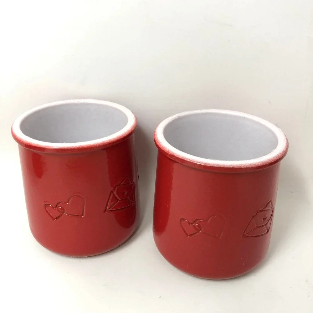La Fermiere Red Ceramic Yogurt Jars Set of 6 Be Mine Bisou Bisou‎ Valentine
